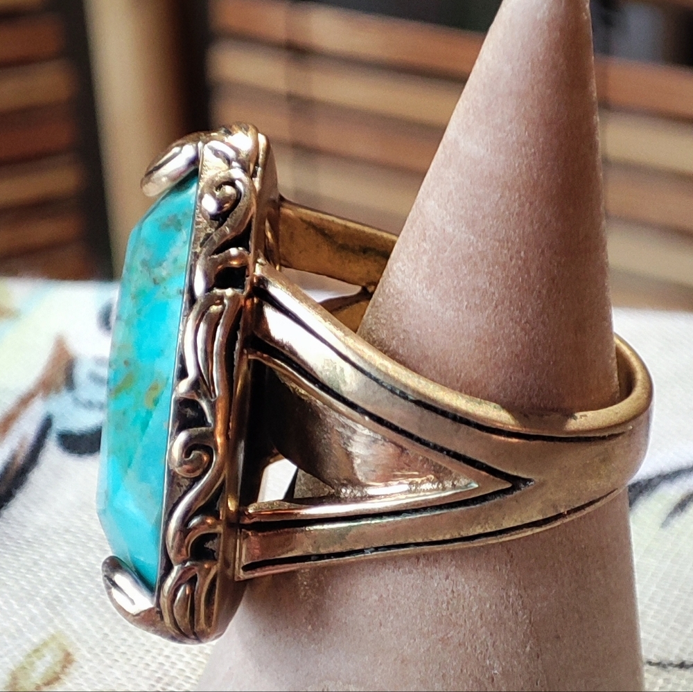 BARSE Triangle Gemstone Turquoise? Ornate Heavy Oversized Ring Brass Size 8 - Picture 8 of 9
